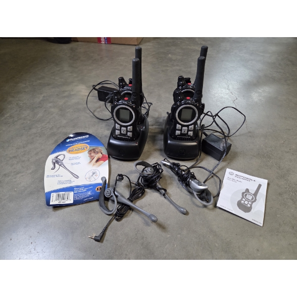 New Four Motorola 2 Way Radios With Chargers, & Three New Cordless Headsets