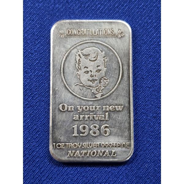 1986 National Mint 1 oz .999 Fine - Congratulations Baby Silver Art Bar