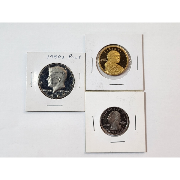 Three U.S. Proof/Proof-Like Coins: 1980-S Kennedy Half Dollar, Sacagawea Dollar, 2000 MA Quarter 