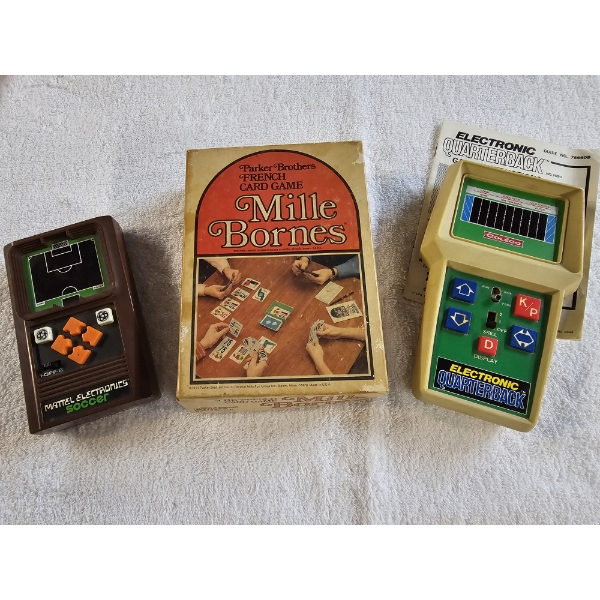 Lot of (3) Vintage Games - Mille Bornes, Coleco Electronic Quarterback, and Mattel Soccer