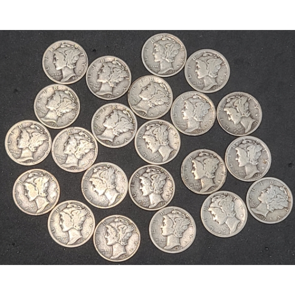 Assorted Years/Mint Marks 90% Silver Mercury Dimes - Face Value: $2.20