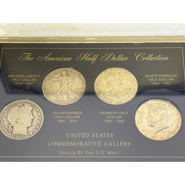 90% Silver - (4) 1/2 Dollars - FV $2.00- 1966 Kennedy - 1907 Silver Barber - 1954 Silver Franklin 