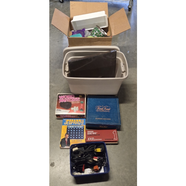 Large Box Of Food Storage Containers, Board Games & AC Power Cords
