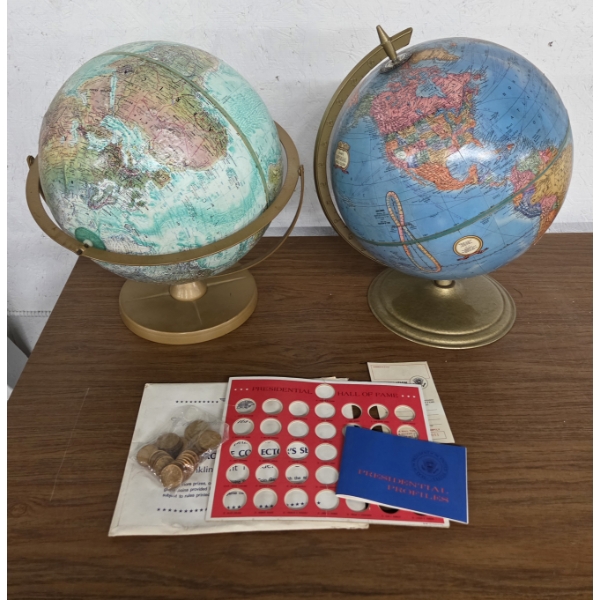 Two Vintage World Globes And Unopened Bronze Franklin Mint Presidential Coin Set -No Shipping Availa