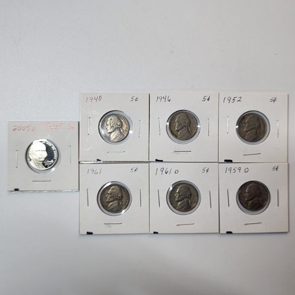 7 Assorted U.S. Nickels Including 2007-S Proof, 1940's-60's 