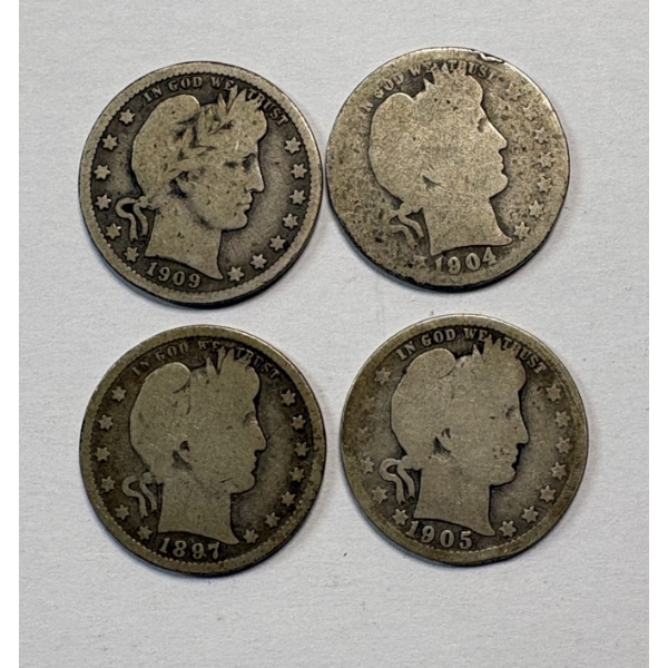 Lot of 4 Assorted Year 90% Silver Barber Quarters, FV $1.00