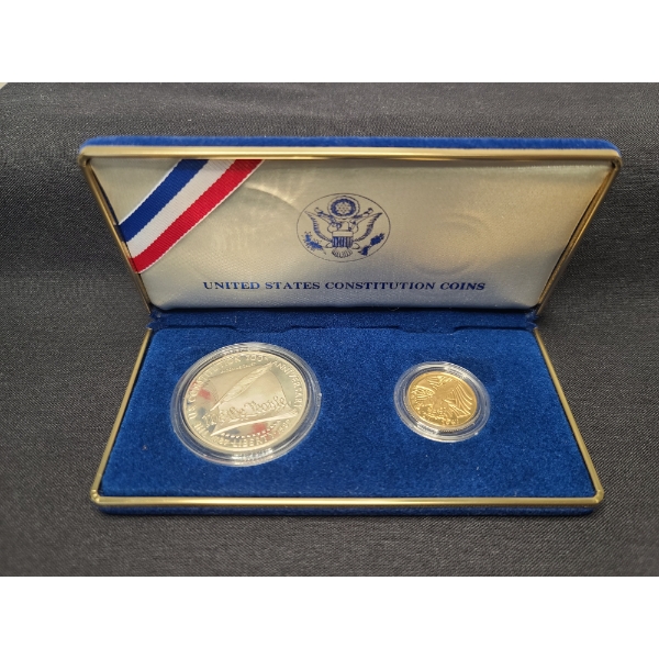 1987 United States Constitution Two Coin Set - Gold $5 Coin & 90% Silver Constitution Dollar