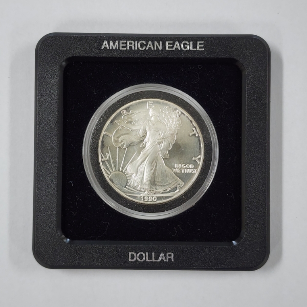 United States 1990 Silver 1 Oz American Eagle Round in Nice Acrylic Case With Black Display Holder