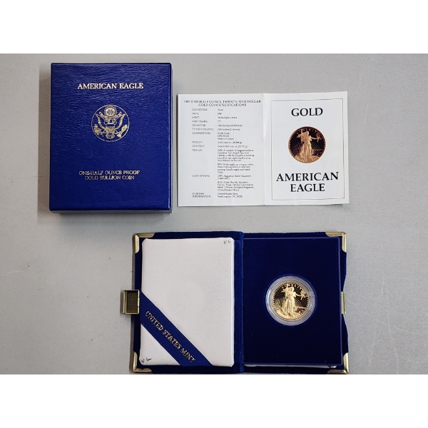 1987 One-Half Ounce $25 Gold American Eagle Proof Coin w/ Box and Certificate of Authenticity 