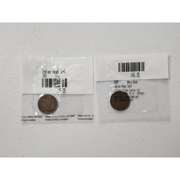 2 - Indian Head Cents 1898, 1899 In Sealed Littleton Coin Co. Packages