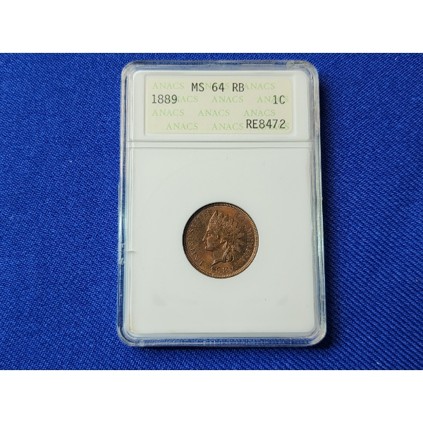 1889 Indian Head Cent ANACS MS 64 RB - Red/Brown Beautiful Coin!
