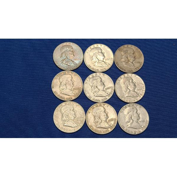 Assorted Years 90% Silver Franklin Half Dollars - Face Value: $4.50