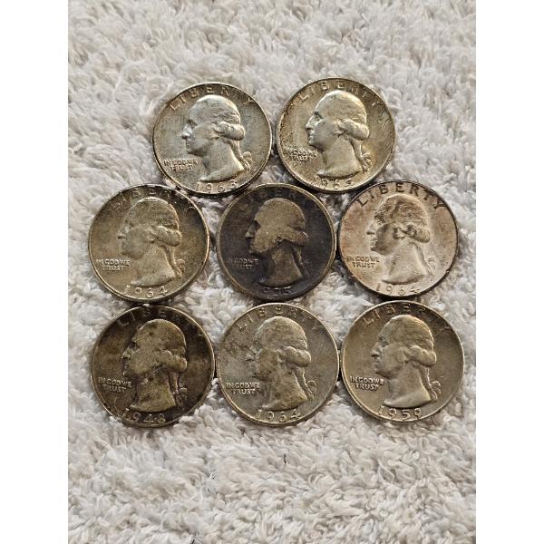 8 Vintage United States Washington Quarters Composed of 90% Silver - AFV $2.00