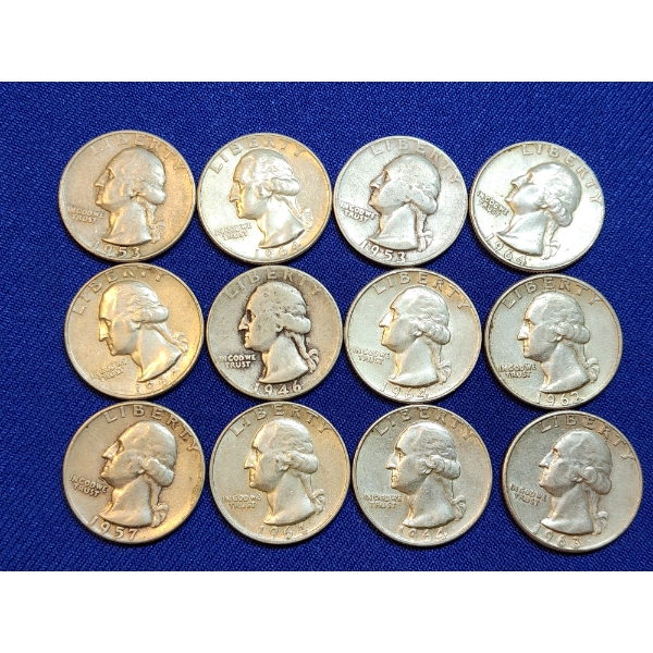 Assorted Years 90% Silver Washington Quarters - Face Value: $3.00