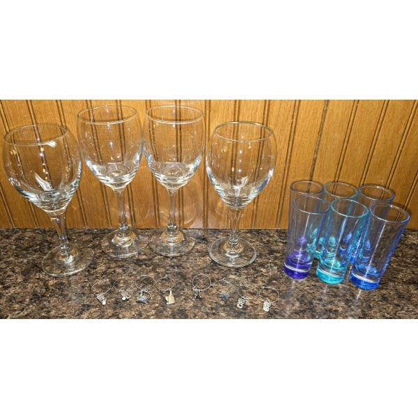 4 Wine Glasses, 6 Multicolor Shot Glasses and 8 Wine Glass Charms