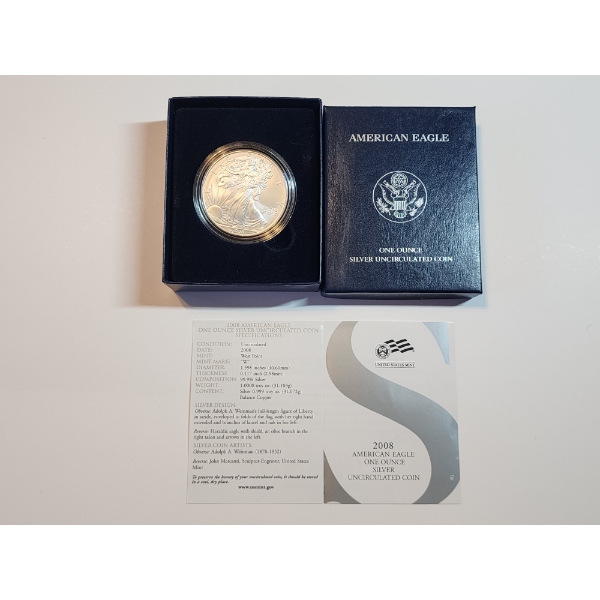 2008-W Silver American Eagle 1 oz Fine Silver Coin Uncirculated w/ Box & COA