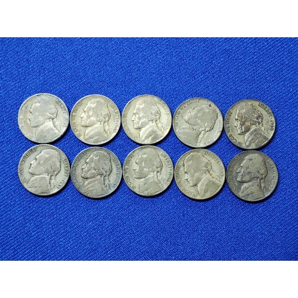 x10 Assorted Years Jefferson Wartime Nickels FV: $0.50