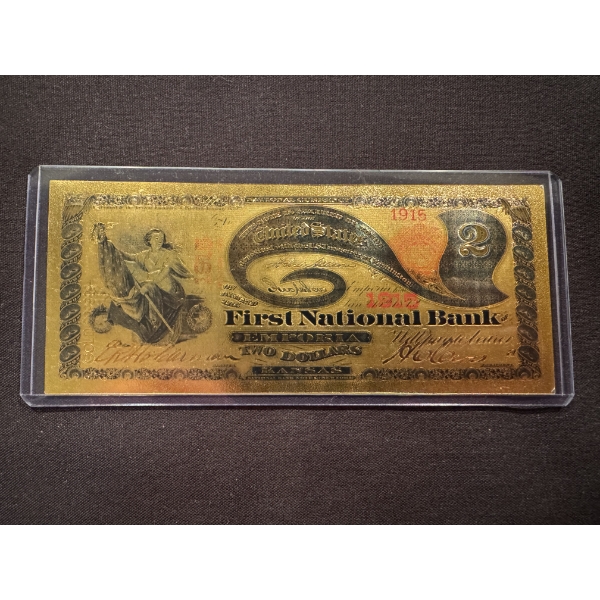 Beautiful First National Bank $2.00 Gold Foil .999 - 24K Note In Protective Holder - Mint Condition