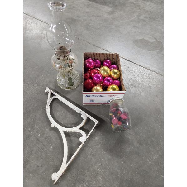 Vintage Collectables Including Beautiful Hand Painted Glass Oil Lamp, Cast Iron Hanger Bracket, Glas