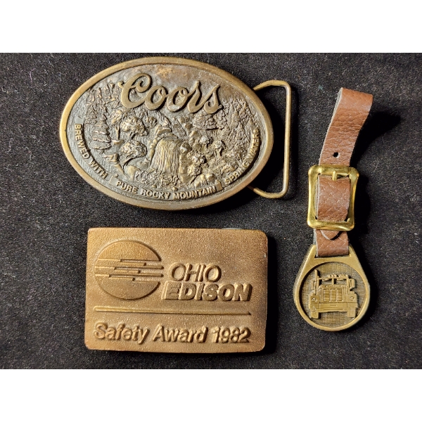 Coors Belt Buckle W/ Built In Bottle Opener, Ohio Edison Buckle & International Harvester Keychain