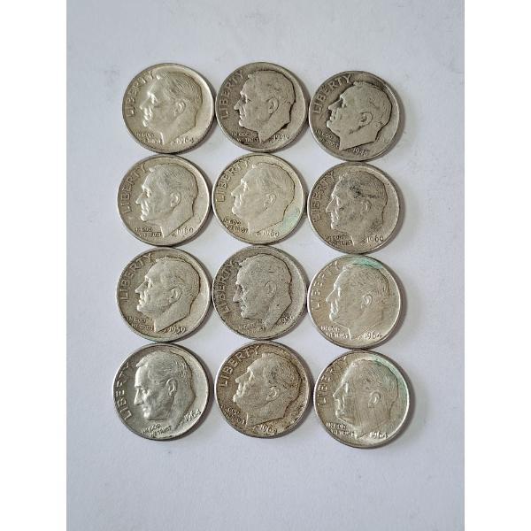 x12 Assorted Years & Mint Marks U.S. 90% Silver Roosevelt Dimes FV: $1.20
