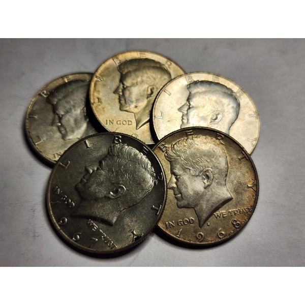 Five 40% Silver Kennedy Half Dollars - $2.50 Face Value