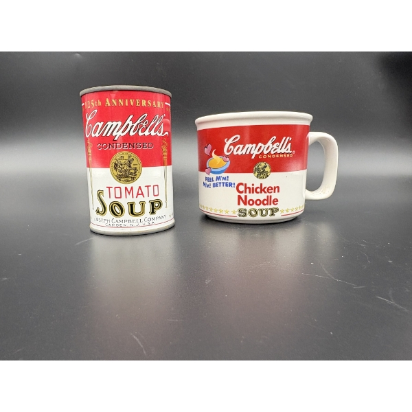 Campbell's Chicken Noodle Soup Mug 1997 & 125th Anniversary Campbell's Tomato Soup Coin Bank 