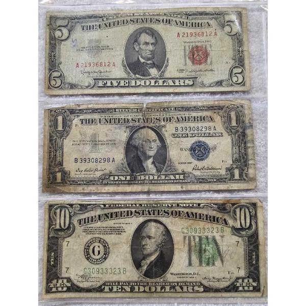 Assorted Treasury Notes - Red Seal $5, $1 Silver Note, $10 Chicago Federal Reserve Note - AFV $16