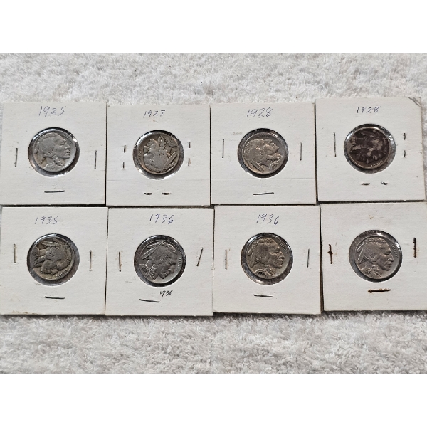 Lot of 8 Buffalo Nickels with Assorted Dates and Conditions - AFV $.40