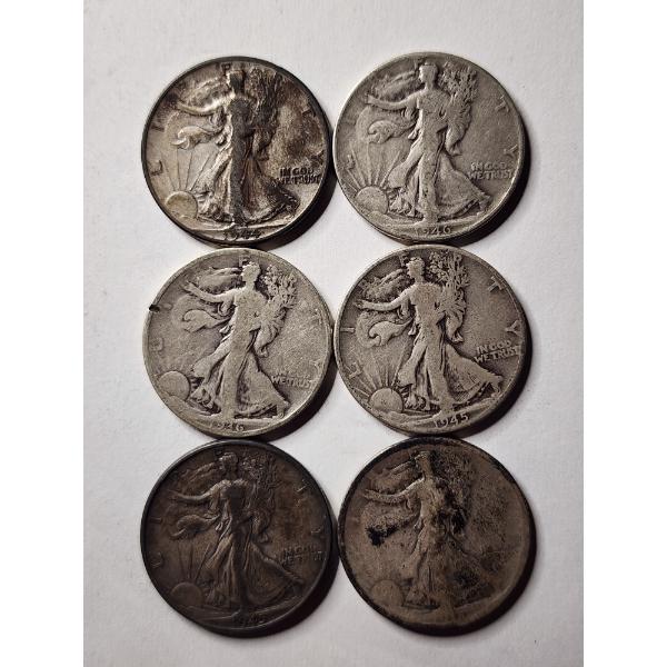 Six 90% Silver United States Walking Liberty Half Dollars ~ $3.00 in Face Value! ~ Various Toning! 
