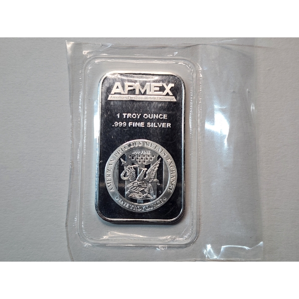 One Troy Ounce AMPEX .999 Fine Silver Bar Featuring American Eagle Design