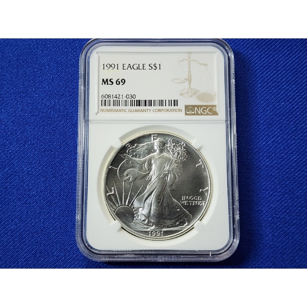 1991 $1 American Siver Eagle 1 oz Fine Silver Graded by NGC MS 69