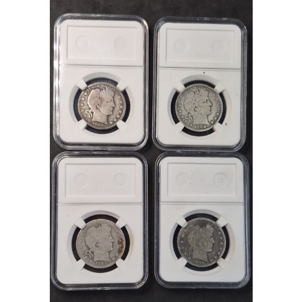 U.S. 90% SILVER COINS - LOT OF 4 SLABBED BARBER HALVES FACE VALUE $2.00
