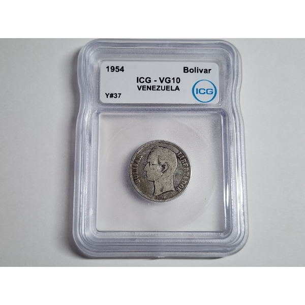 1954 Venezuela Bolivar Silver Coin ICG VG 10 ASW: 0.1342 oz