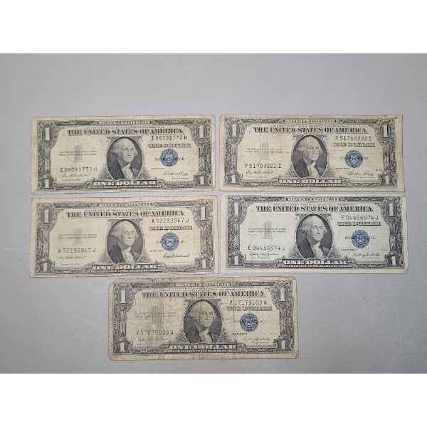 (5) Assorted United States $1 Silver Certificates - 1935 E, 1935 F, 1935 H, 1957 B - Face Value: $5