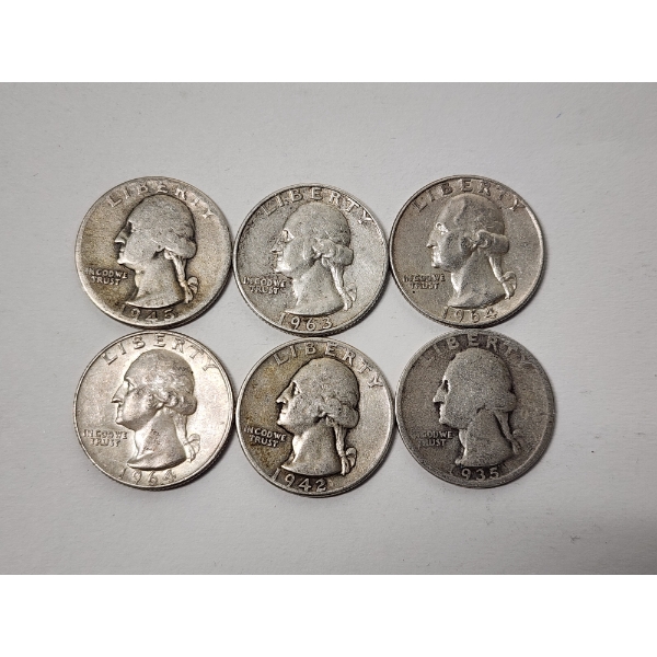 Six Assorted Years U.S. 90% Silver Washington Quarters FV: $1.50