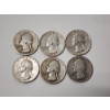 Image 1 : Six Assorted Years U.S. 90% Silver Washington Quarters FV: $1.50