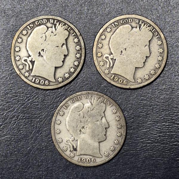 3 Pcs - 1906 Barber (Liberty Head ) 90 % Silver Half Dollars P / O / S  See Pics