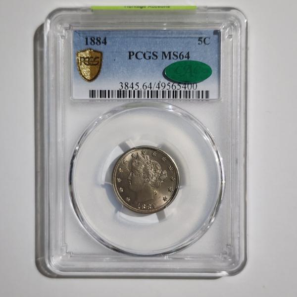 PCGS MS64 GRADED 1884 Untied States Liberty V Nickel W/ CAC Sticker & GOLD SHIELD!