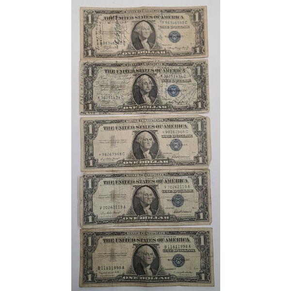(5) Assorted United States $1 Silver Certificates - Series 1935A, 1957, 1957A
