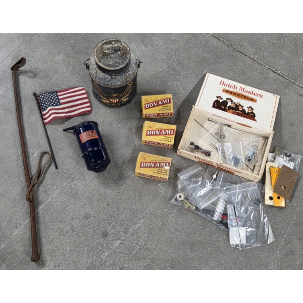 Vintage Items Including, Tin, Cobalt Blue Enameled Vaporizer, Riding Crop, Clock Hands & Cigar Box 