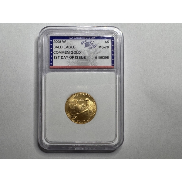 2008-W Bald Eagle $5 Gold Coin FDOI Commemorative MS70 IGS Graded 1/4th oz Gold ~ ONLY 15K MINTED!