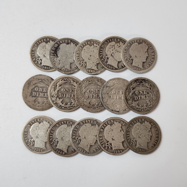 x15 Assorted Years 90% Silver Barber Dimes - Face Value $1.50