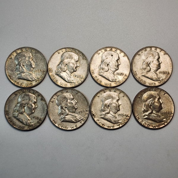 Eight Assorted Years United States 90% Silver Franklin Half Dollars - FV: $4.00