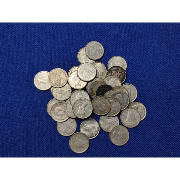 x38 Assorted Years 80% Silver Canadian 10-Cent Coins ASW: 0.06oz Each / Total: 2.28oz Silver