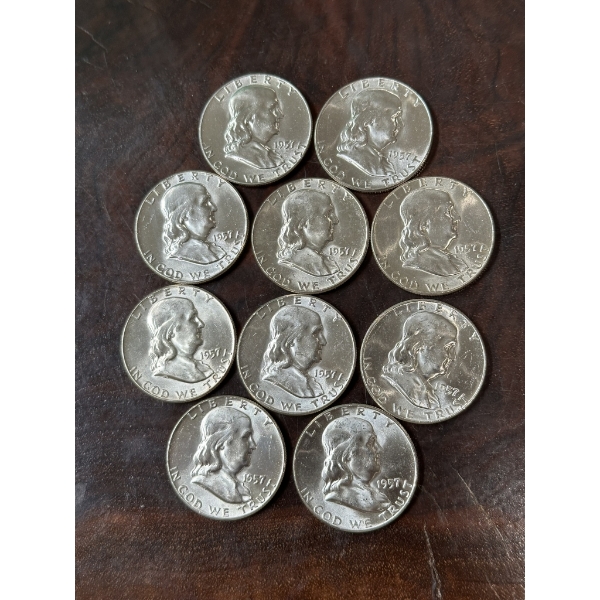 1957 Brilliant Uncirculated Franklin Half Dollars - $5.00 Face Value