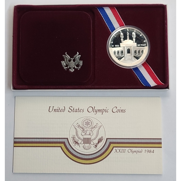 1984-S United States 90% Silver Olympic Proof Dollar In Original Packaging 