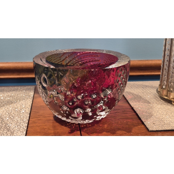Crystal Art Glass Footed Fruit Bowl 9" by 8" by 5 1/2" Colorful & Heavy