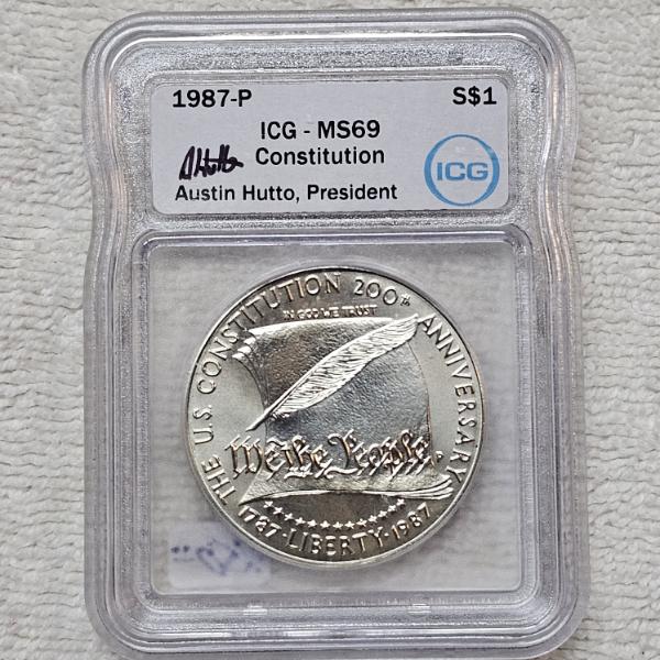 Austin Hutto Signed 1987-P US Constitution Bicentennial 90% Silver Dollar certified by ICG as MS69