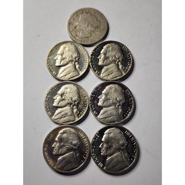 Seven Assorted United States Nickels Ft. Six Proof or Proof-Like Jefferson & 1 Liberty V Nickel!